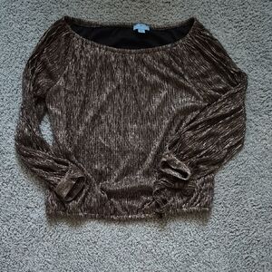 CeCe Metallic Brown Off-the-Shoulder Pleated Sweater